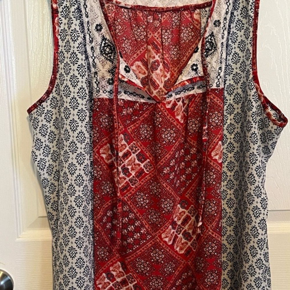 Rewind Rust Red and White Boho Patchwork Lace-Trim Camisole